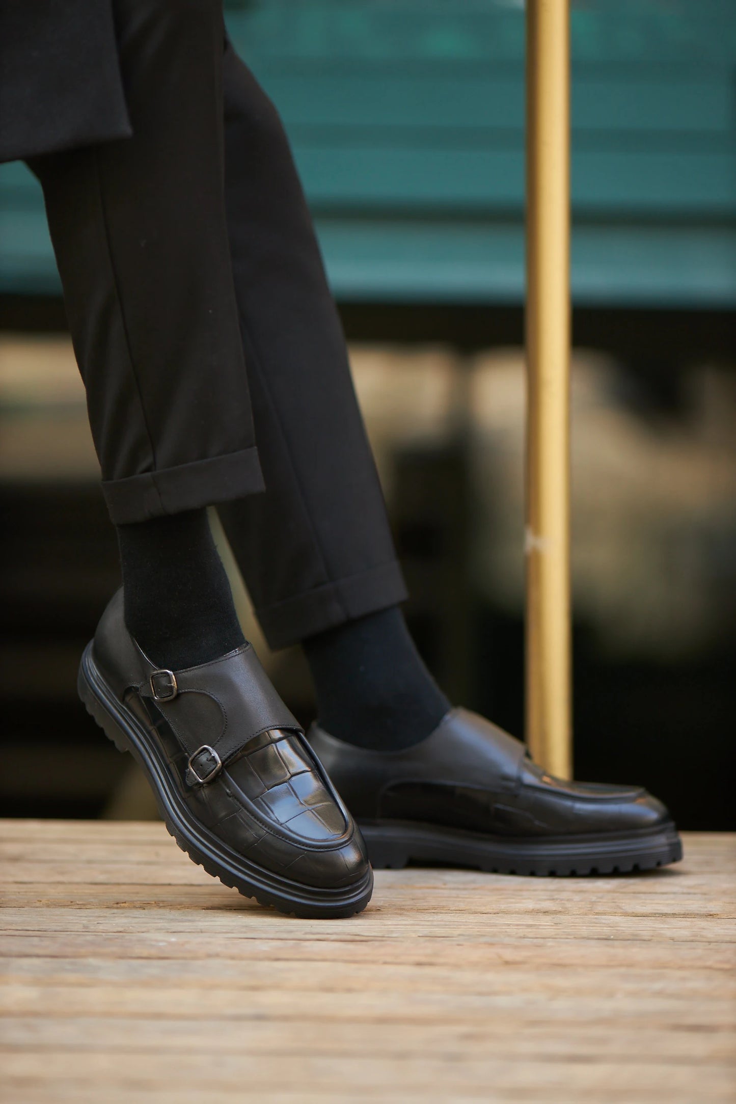 Black Croc Double Monk Strap Shoes