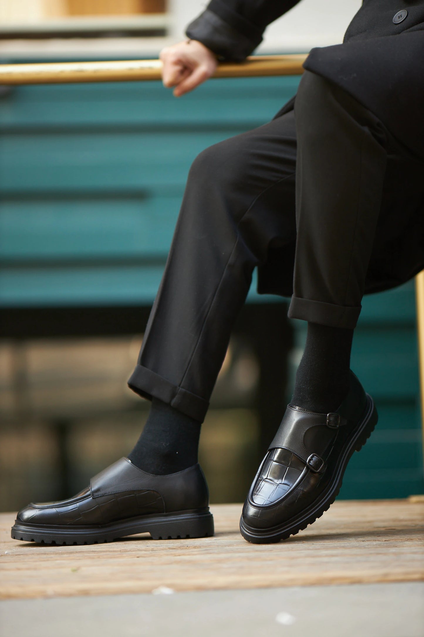 Black Croc Double Monk Strap Shoes