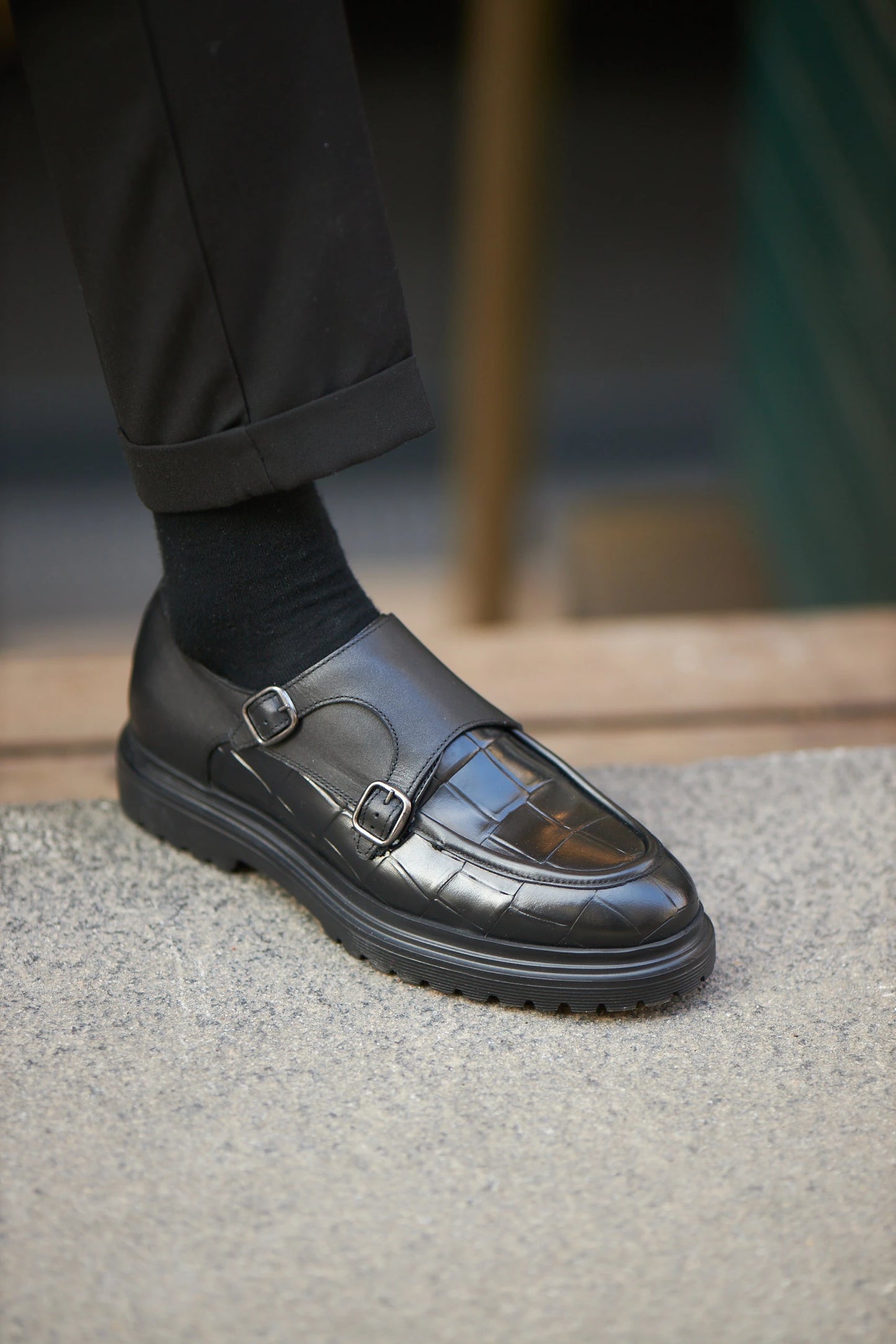 Black Croc Double Monk Strap Shoes