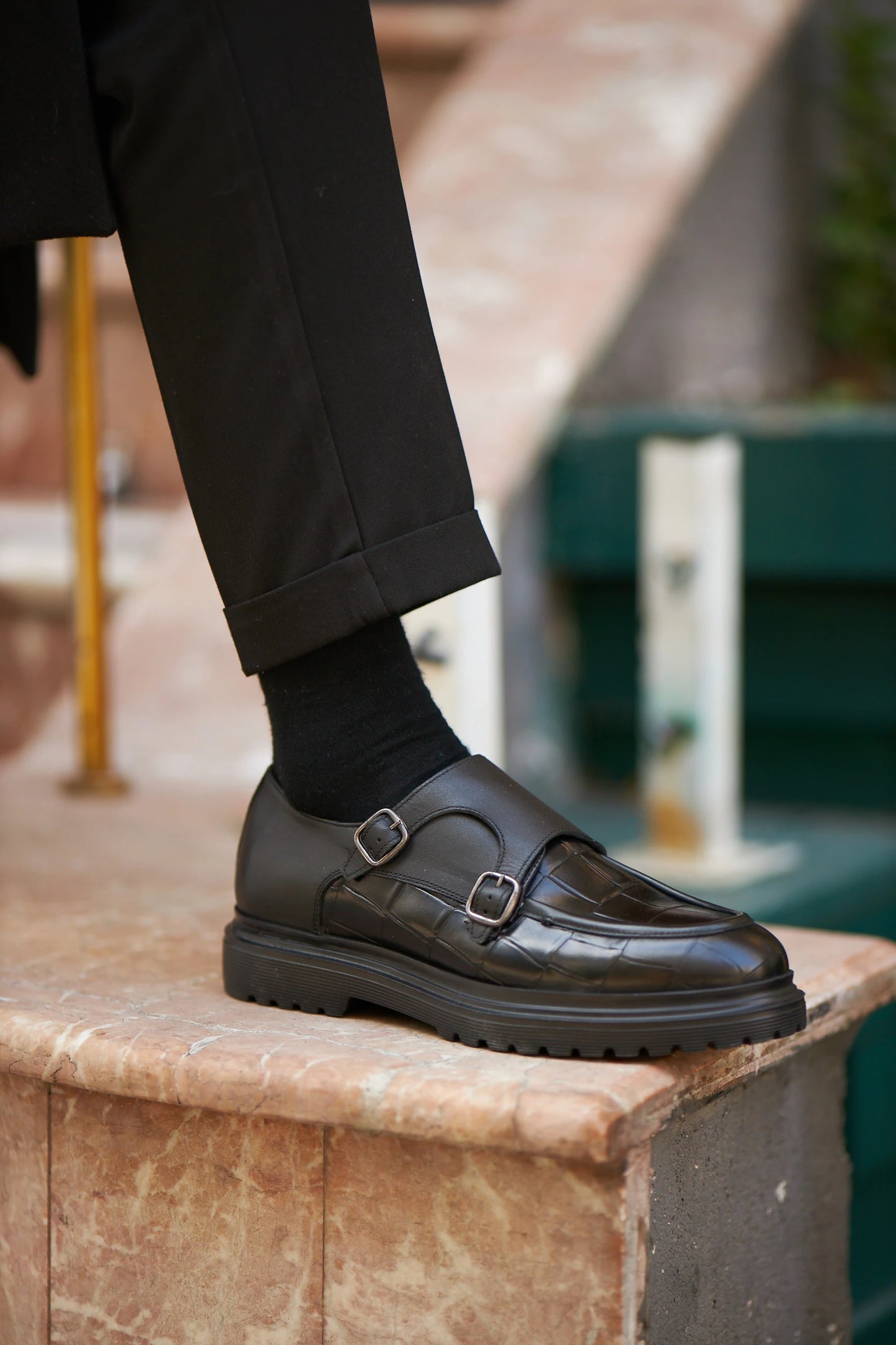 Black Croc Double Monk Strap Shoes