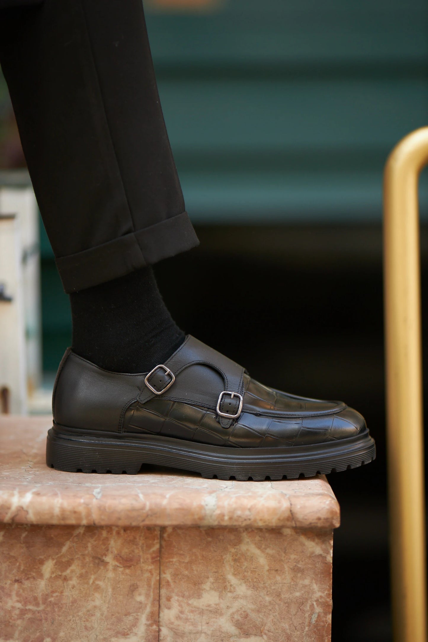 Black Croc Double Monk Strap Shoes