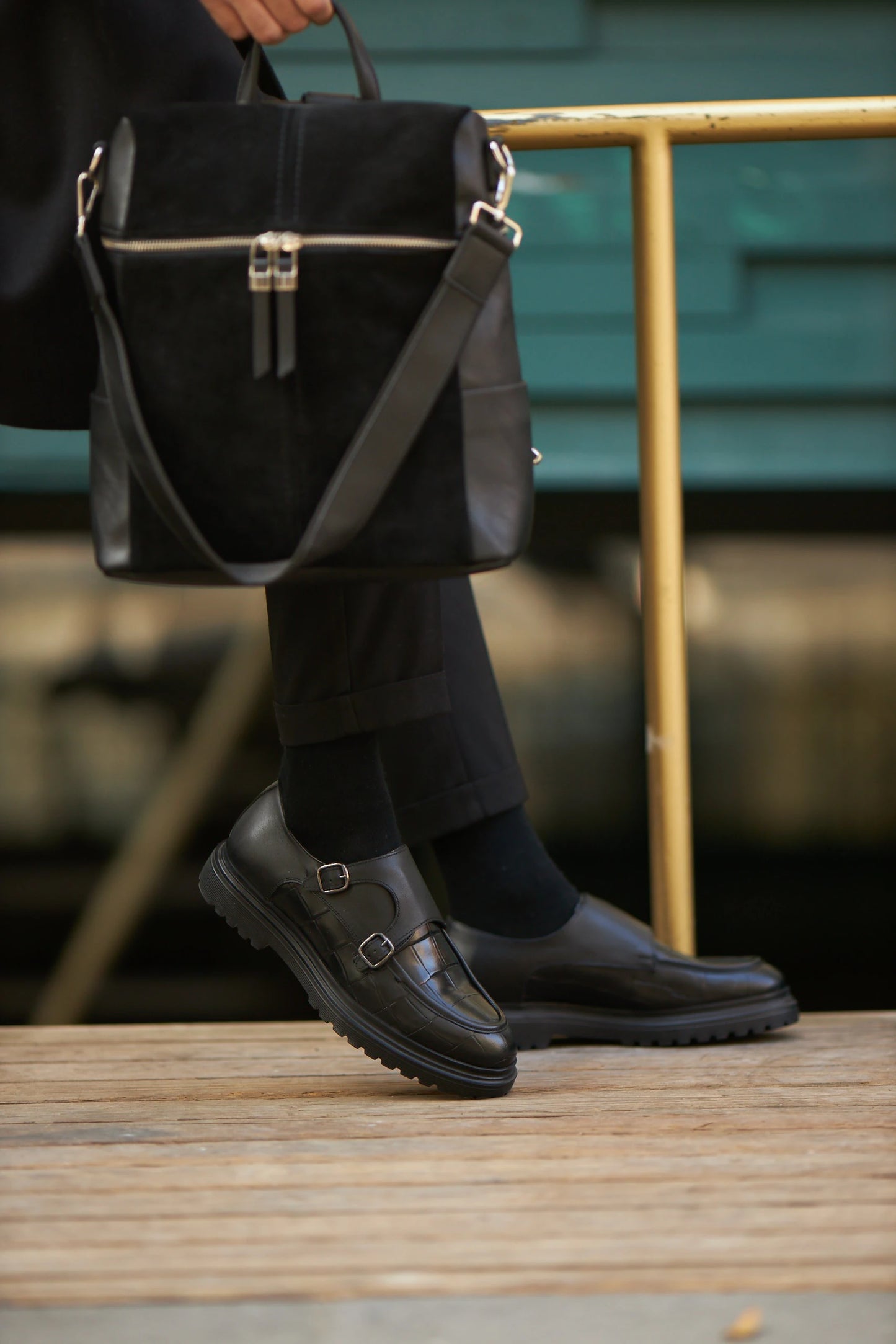 Black Croc Double Monk Strap Shoes