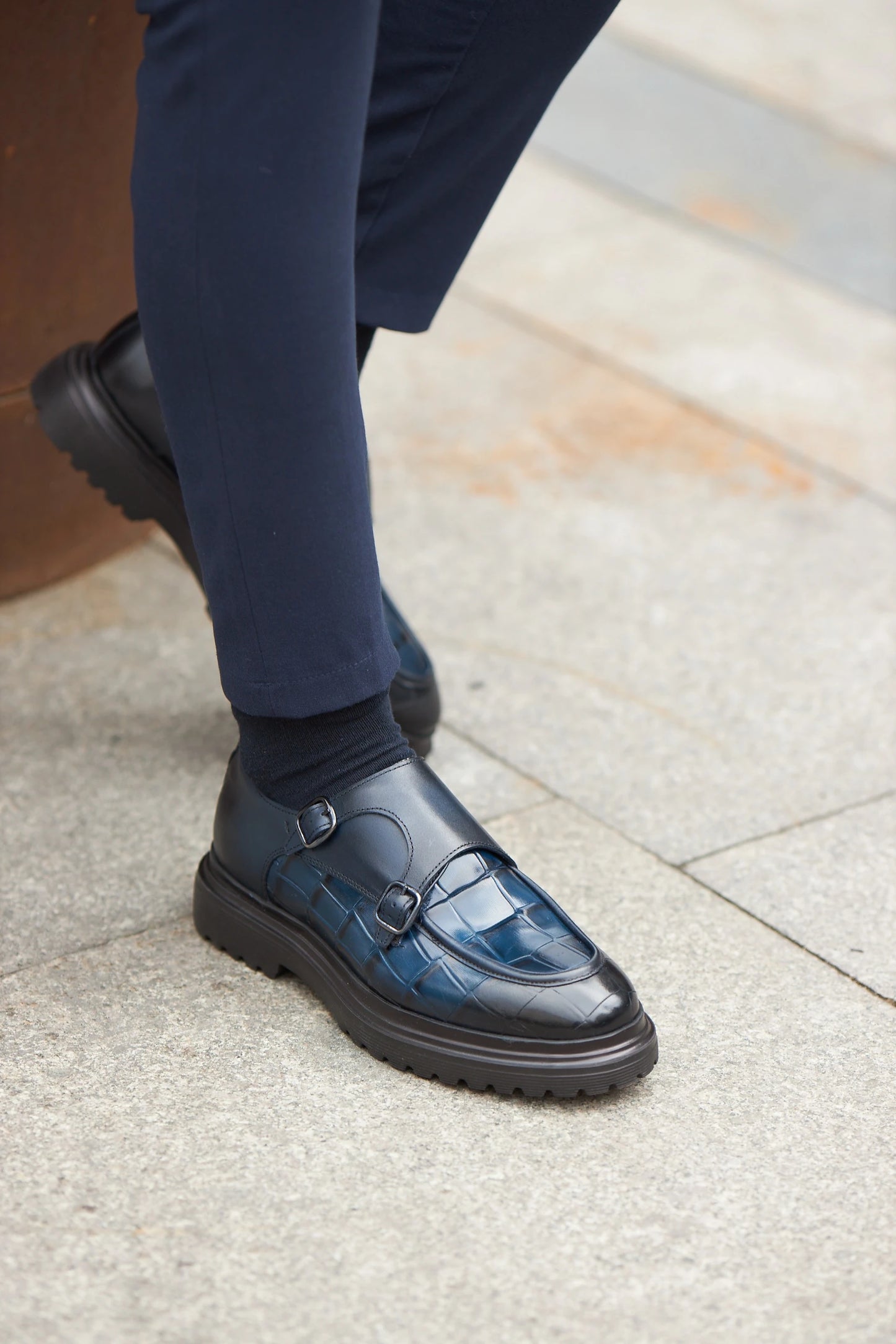 Navy Blue Croc Double Monk Strap Shoes