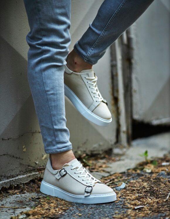 Beige Mid Top Monk Strap Sneakers