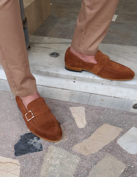 Brown Suede Side Buckle Loafers