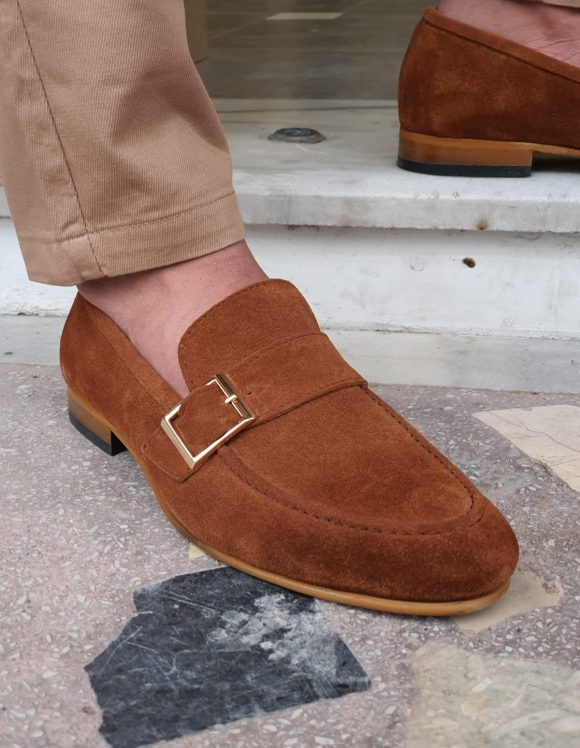 Brown Suede Side Buckle Loafers