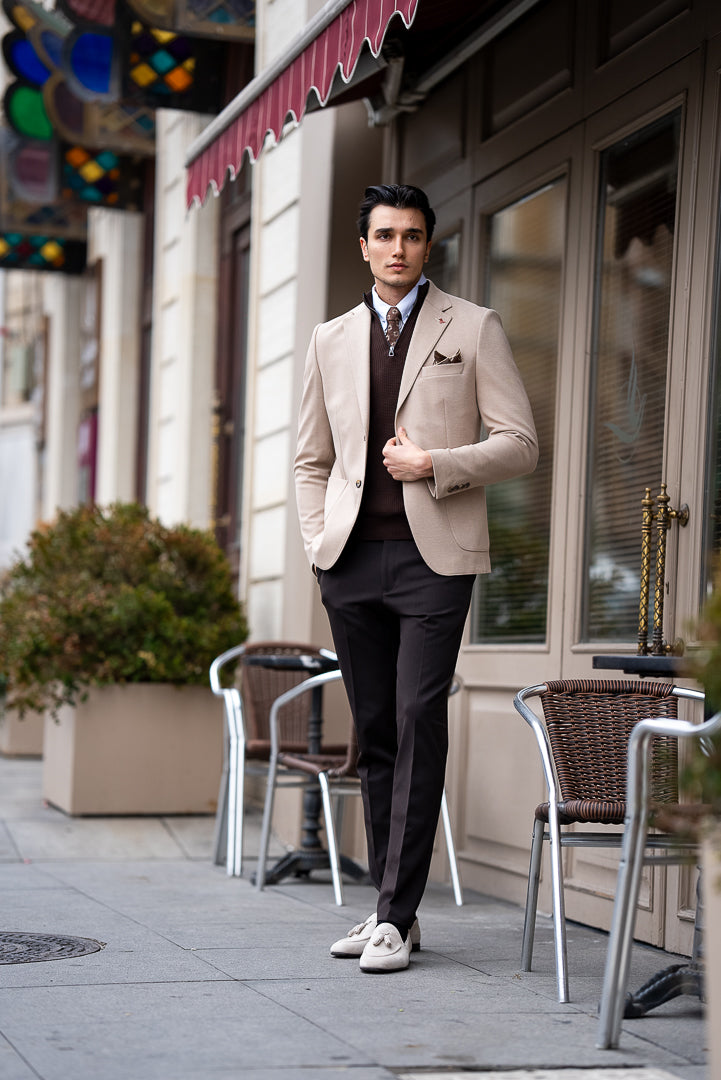 Men's Beige Slim Fit Mono Collar Blazers