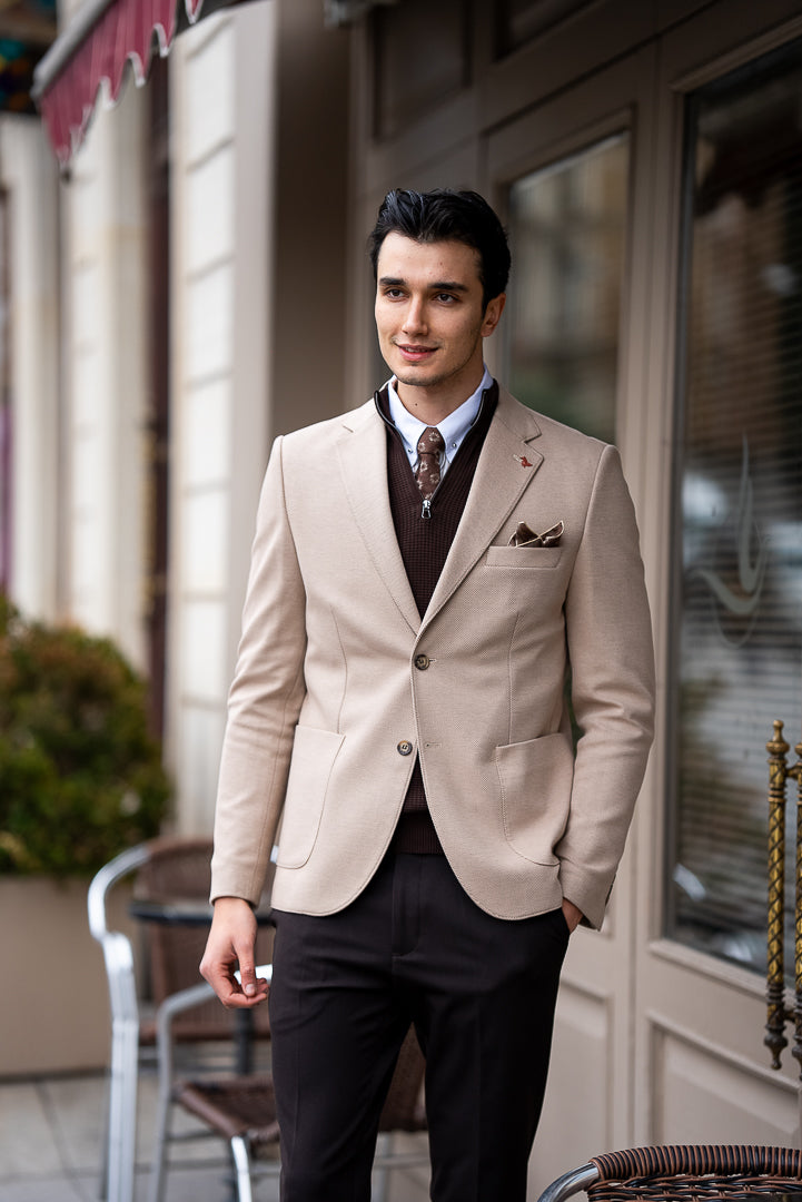Men's Beige Slim Fit Mono Collar Blazers