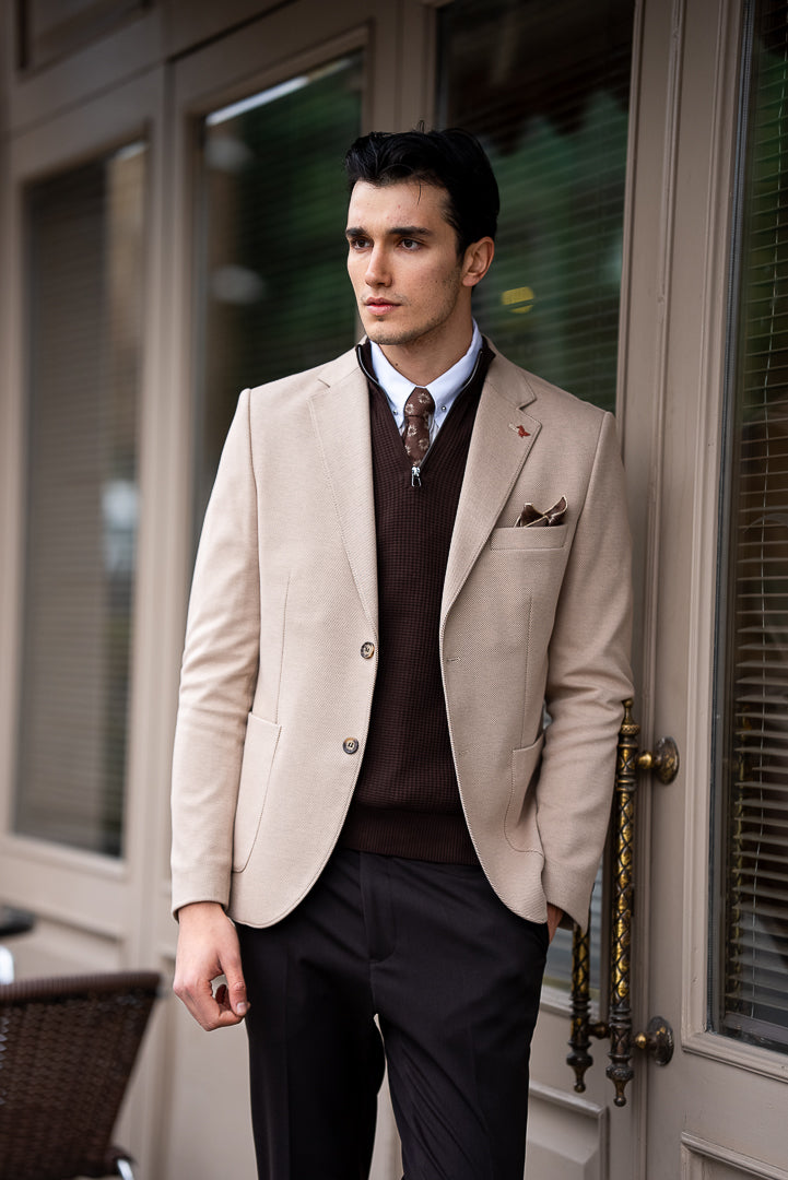 Men's Beige Slim Fit Mono Collar Blazers