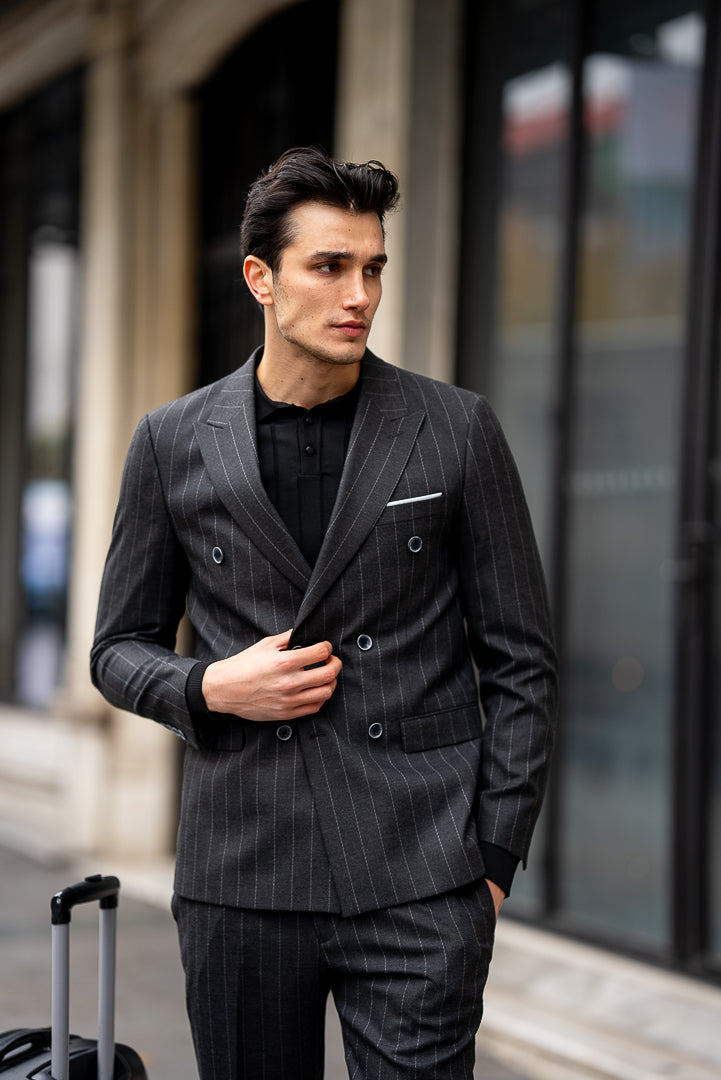 Men's Black Striped Double Breasted Slim Fit Suit