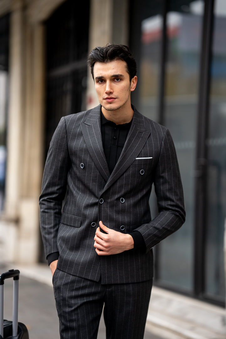 Men's Black Striped Double Breasted Slim Fit Suit