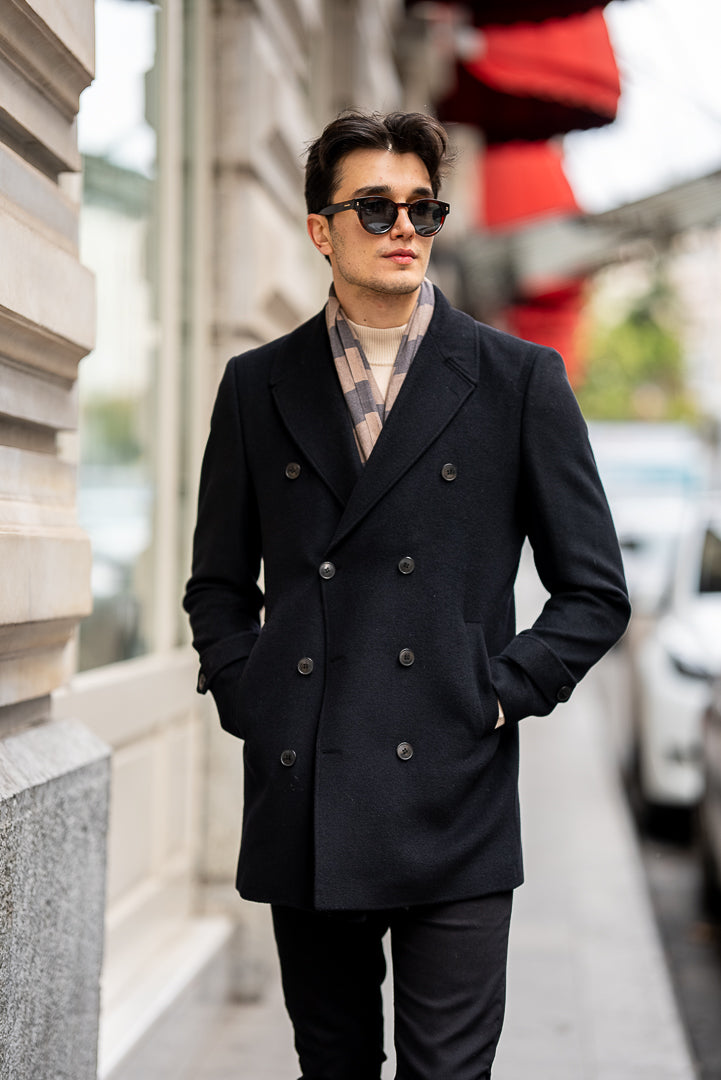Men's Black Double Breasted Long Coat