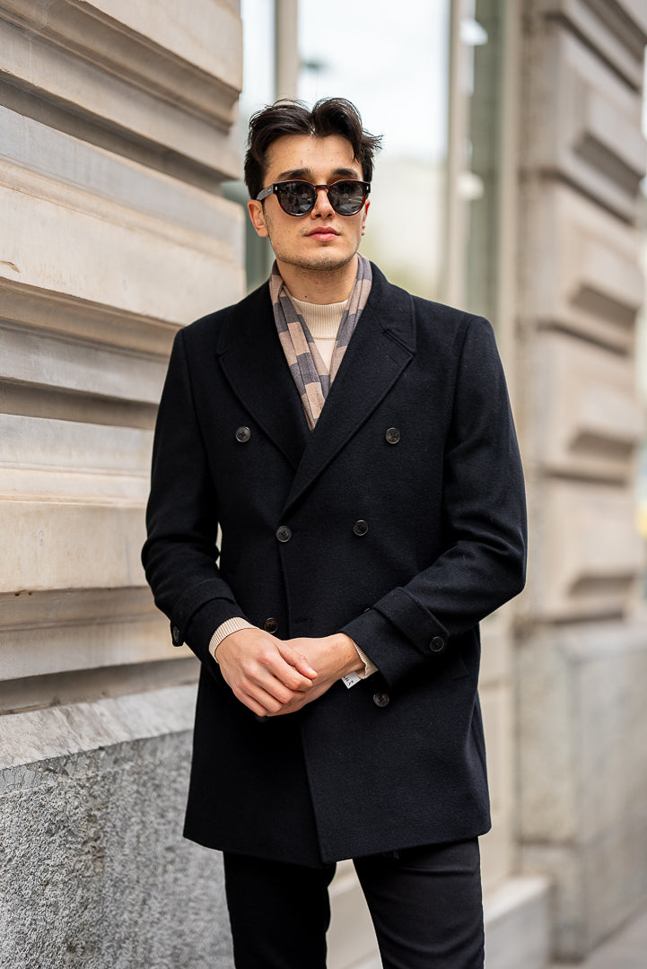 Men's Black Double Breasted Long Coat