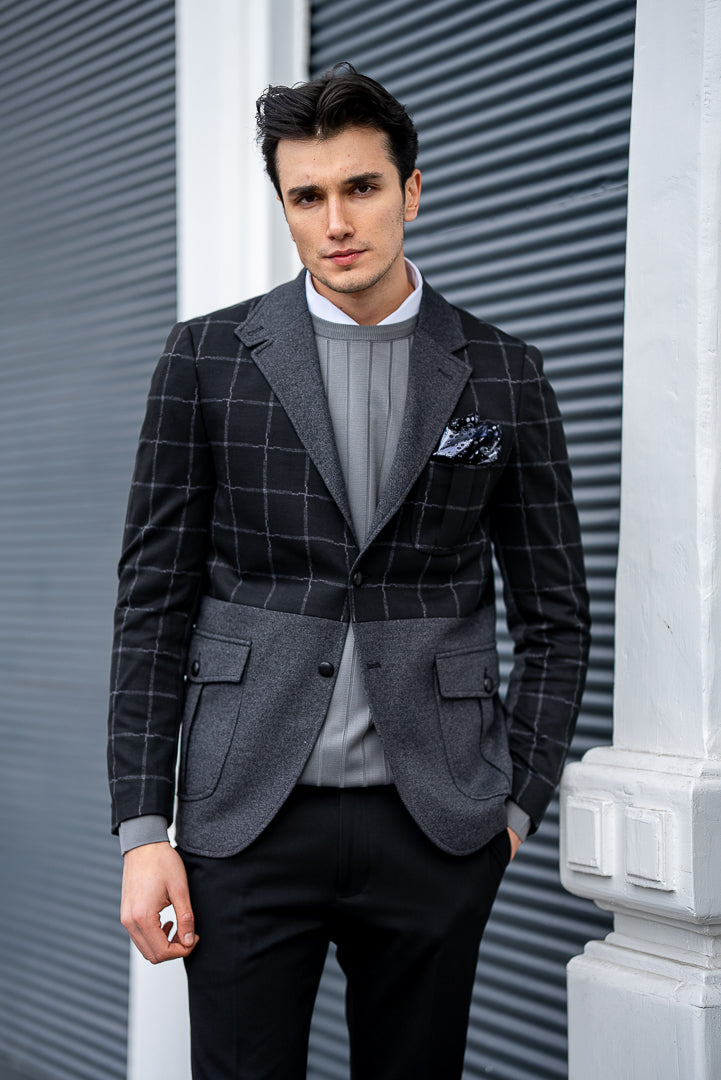 Men's Black Check And Grey Slim Fit Blazers