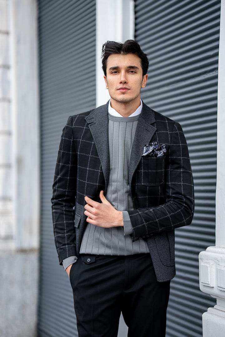 Men's Black Check And Grey Slim Fit Blazers