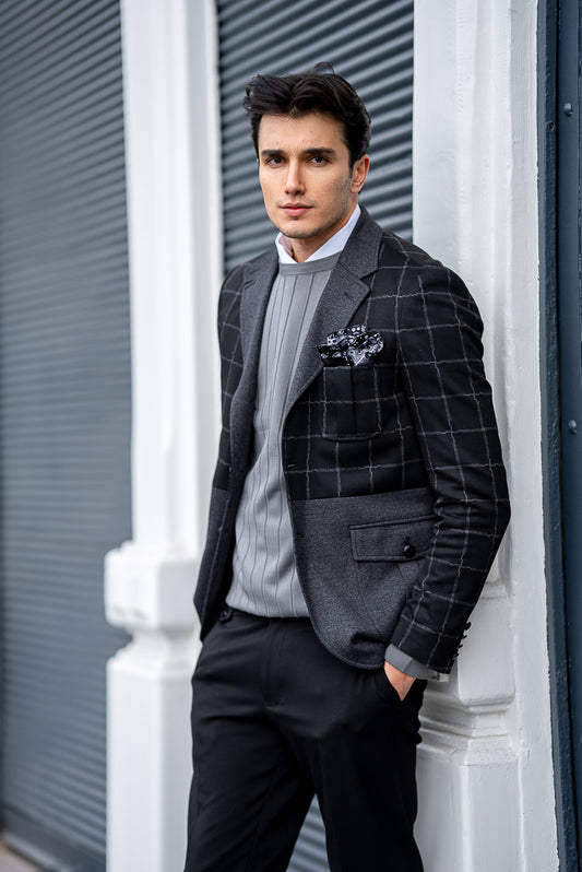Men's Black Check And Grey Slim Fit Blazers
