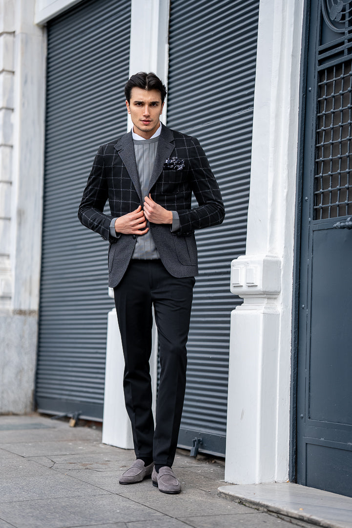 Men's Black Check And Grey Slim Fit Blazers