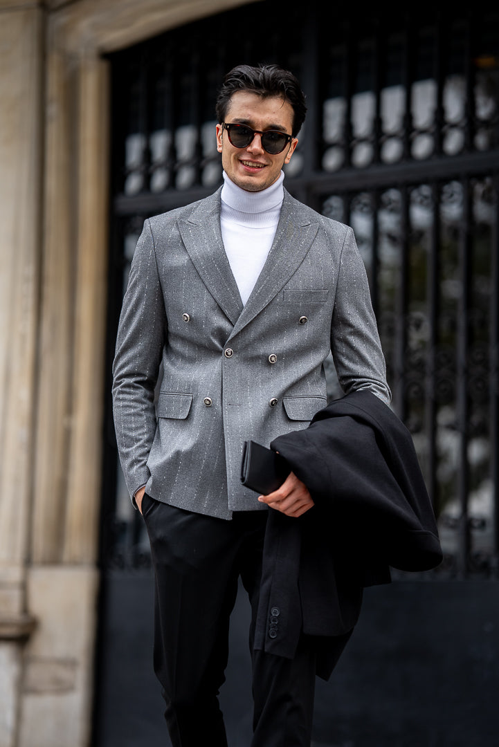 Men's Grey Striped Double Breasted Blazers