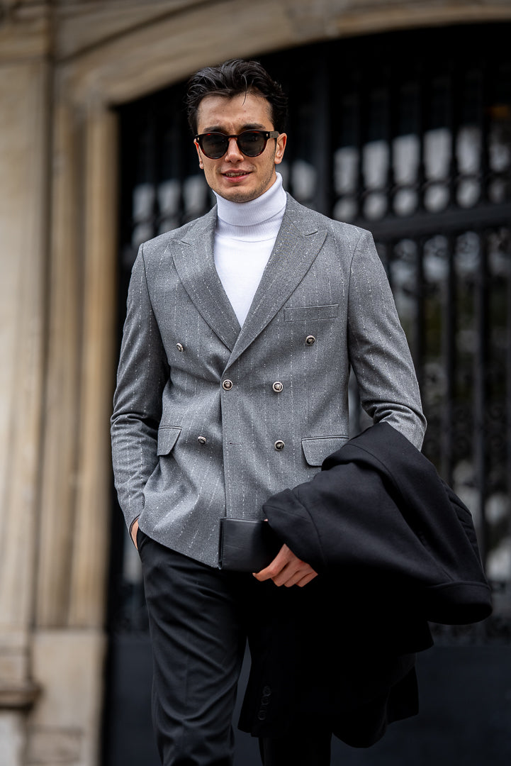 Men's Grey Striped Double Breasted Blazers