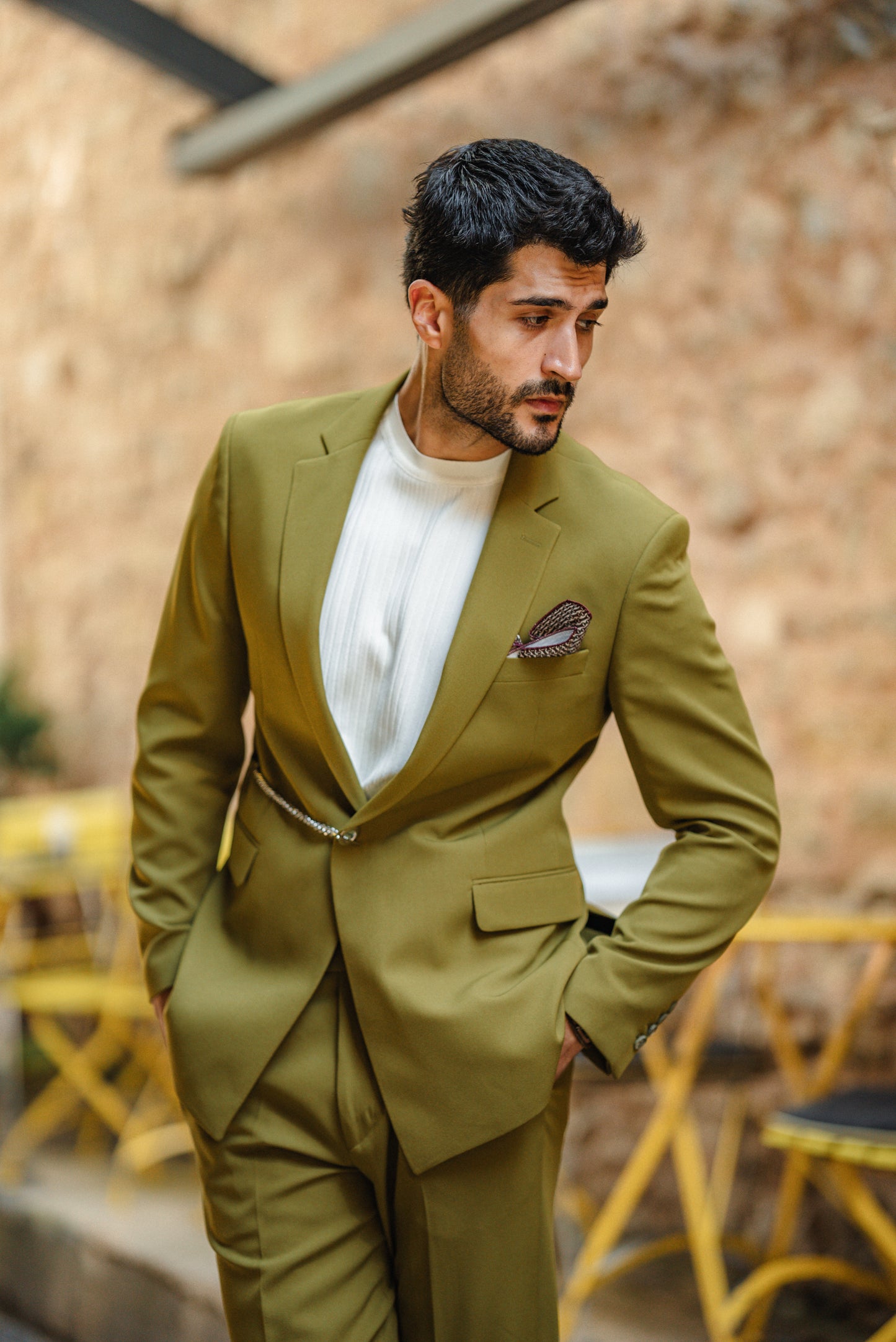 Green Chain Detail Mono Collar Suit