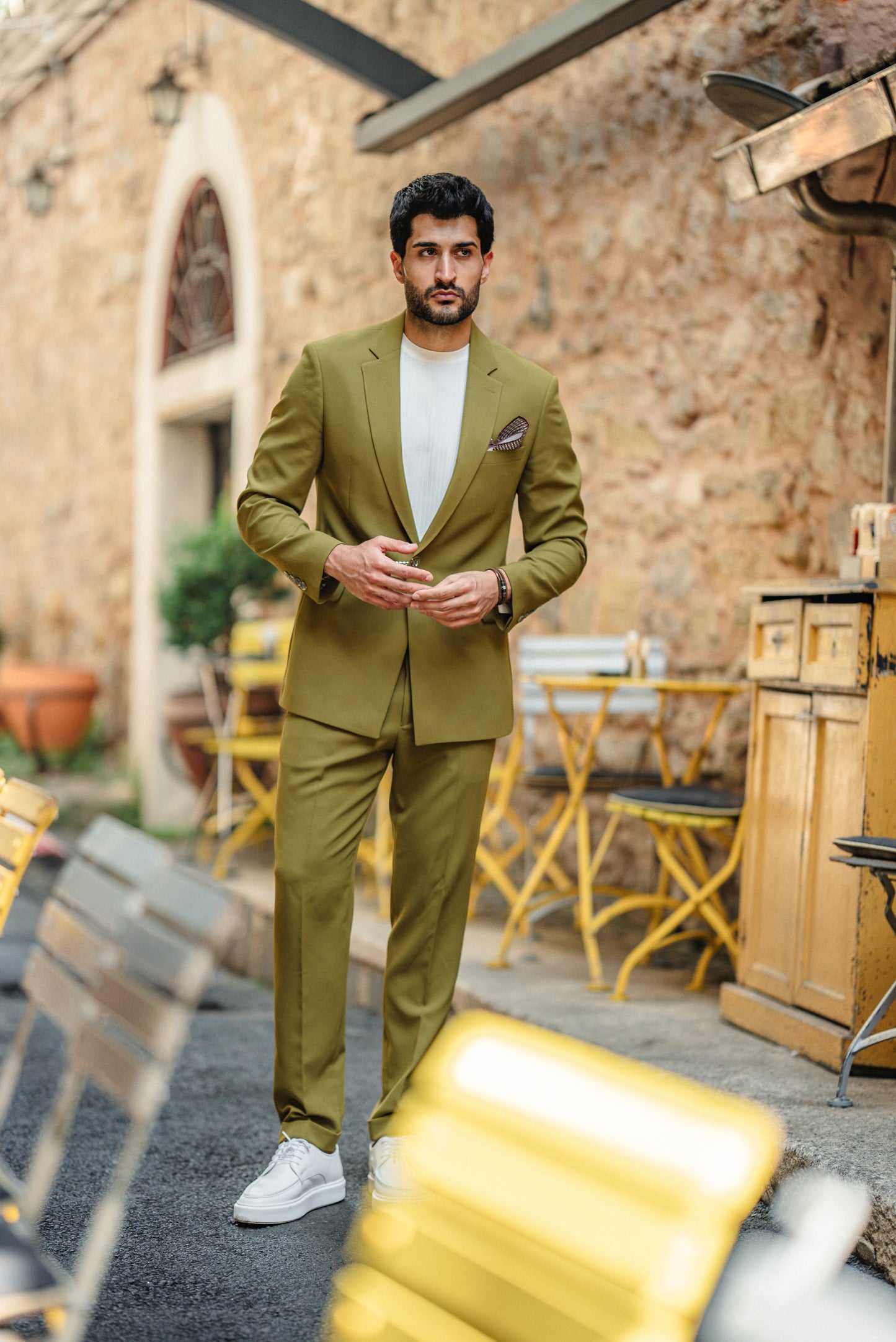 Green Chain Detail Mono Collar Suit