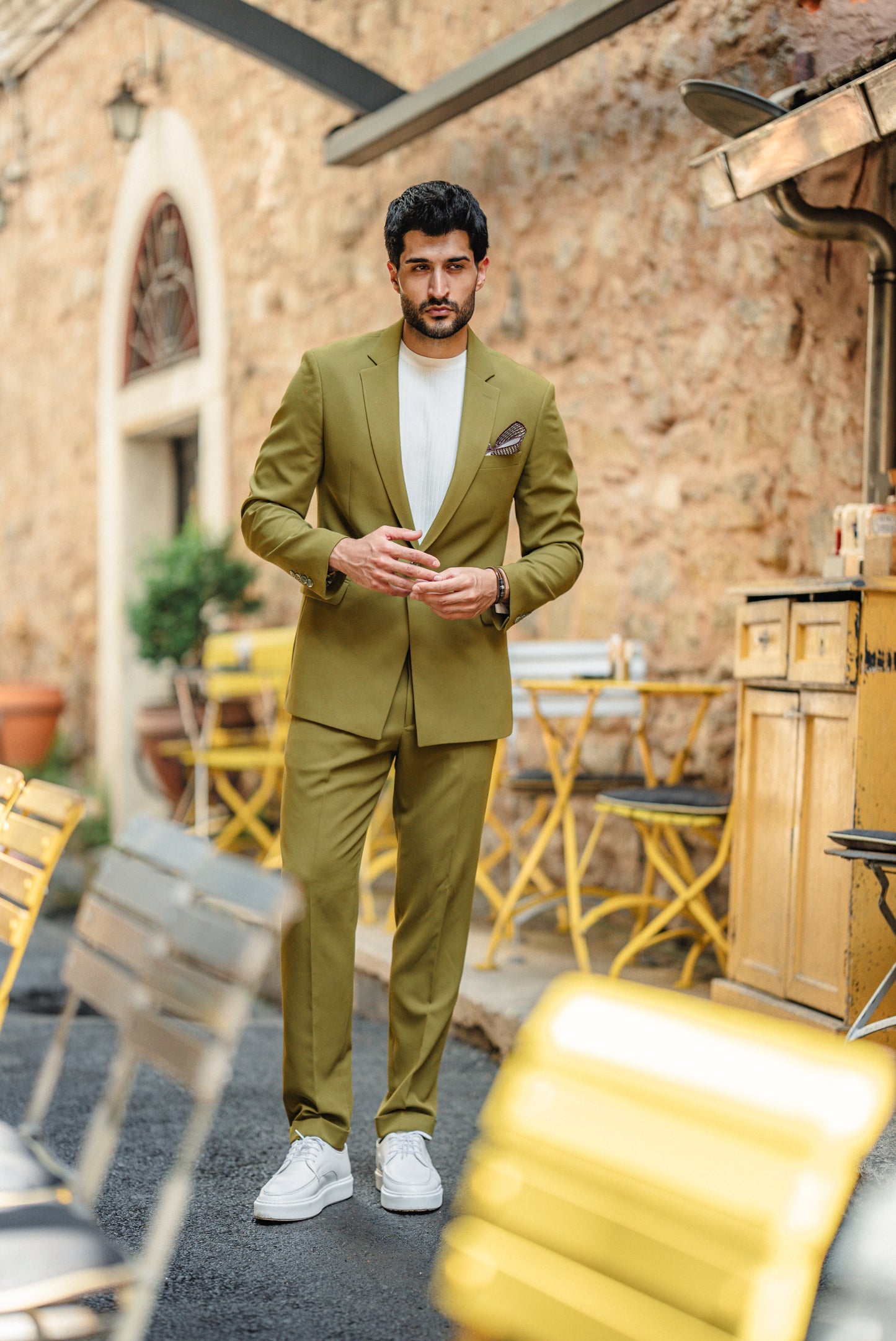 Green Chain Detail Mono Collar Suit