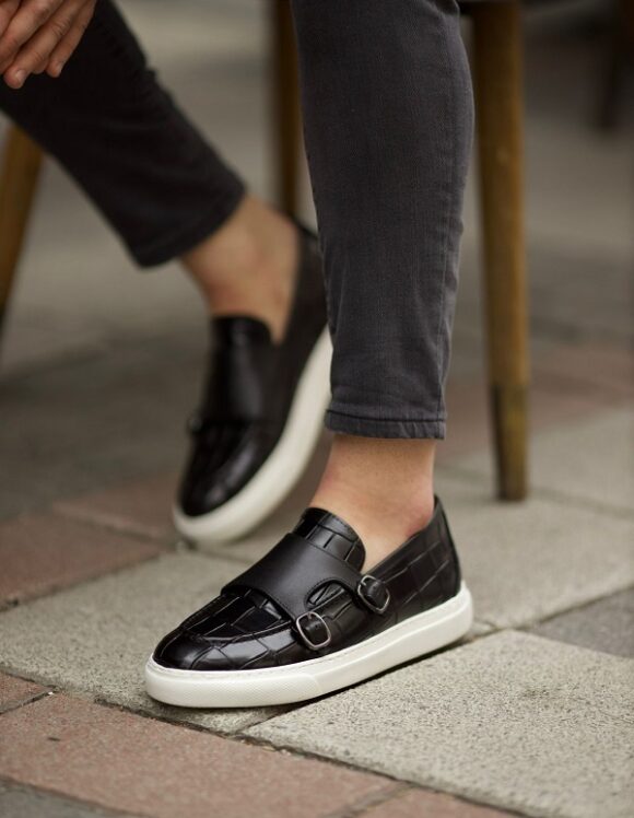 Black Crocodile Pattern Monk Strap Shoes
