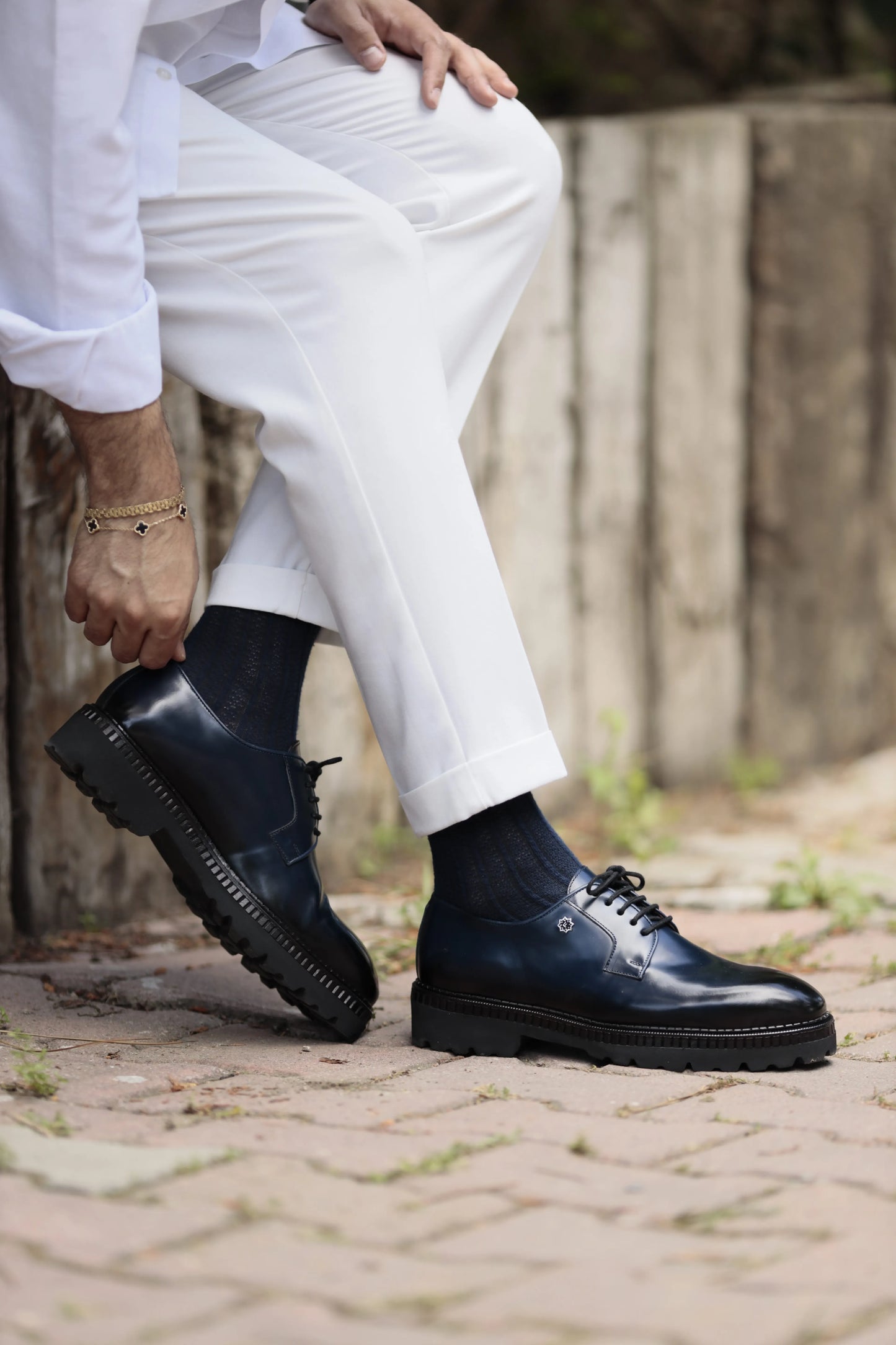 Navy Blue Calf Leather Derby Shoes