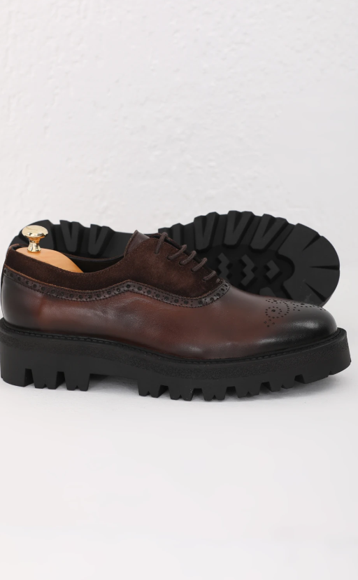 Brown High Sole Toe Brogue Laces Shoes