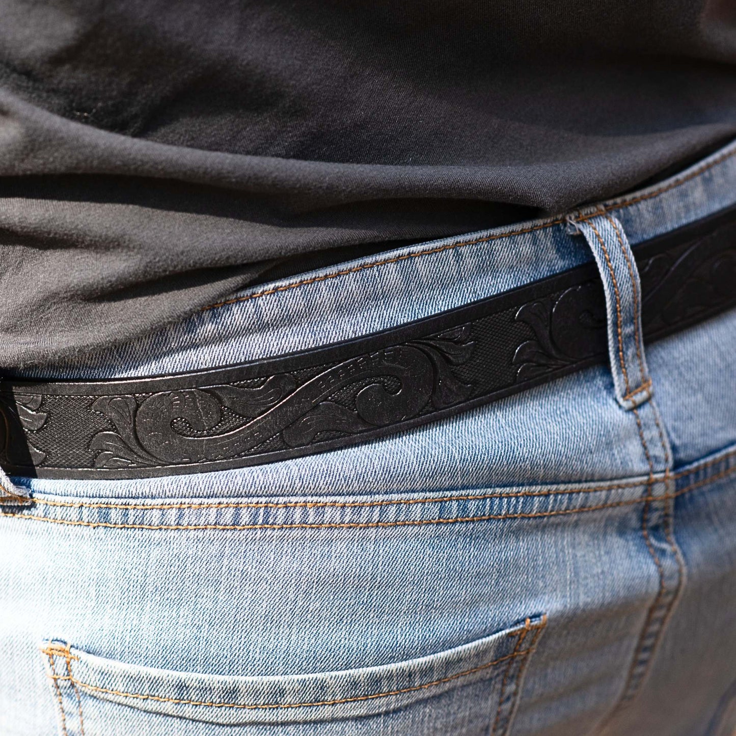 Black Hand-tooled Full-Grain Leather Belt