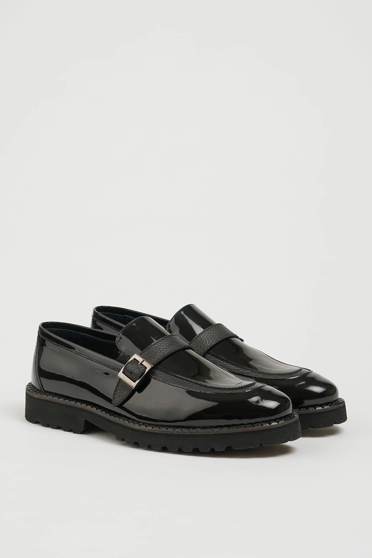 Black Patent Side Buckle Loafers