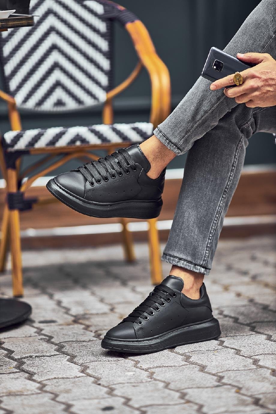 Black Leather Sneakers-SS101