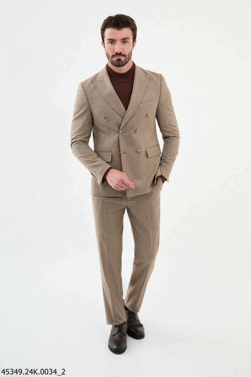 Men's Beige Striped Double Breasted Slim Fit Suit
