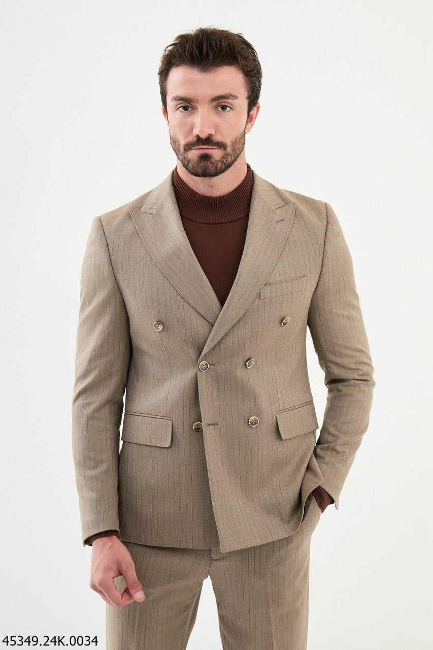 Men's Beige Striped Double Breasted Slim Fit Suit