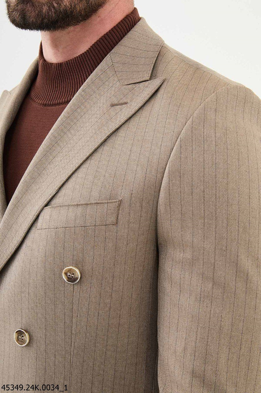 Men's Beige Striped Double Breasted Slim Fit Suit
