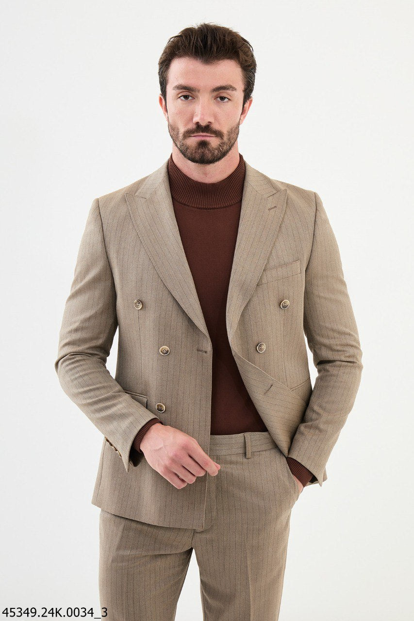 Men's Beige Striped Double Breasted Slim Fit Suit