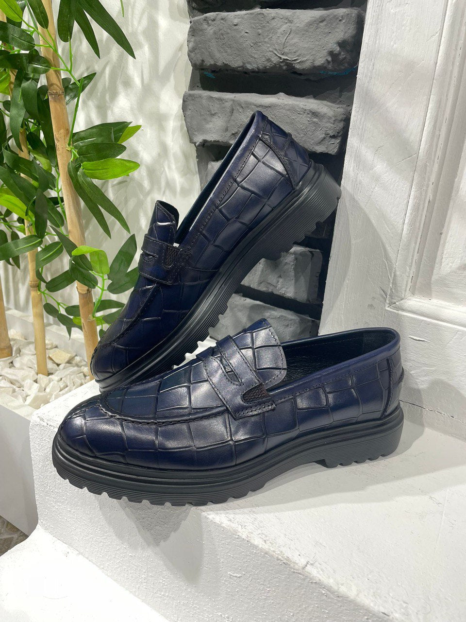 Navy Blue Croc Casual High Sole Shoes