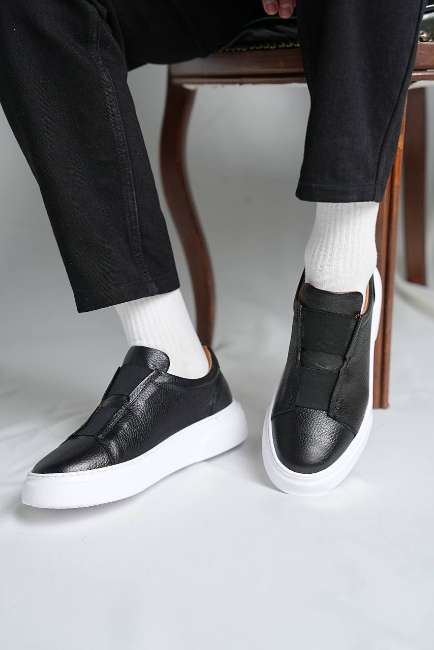 Black Grainy Leather Lace-Less Sneakers