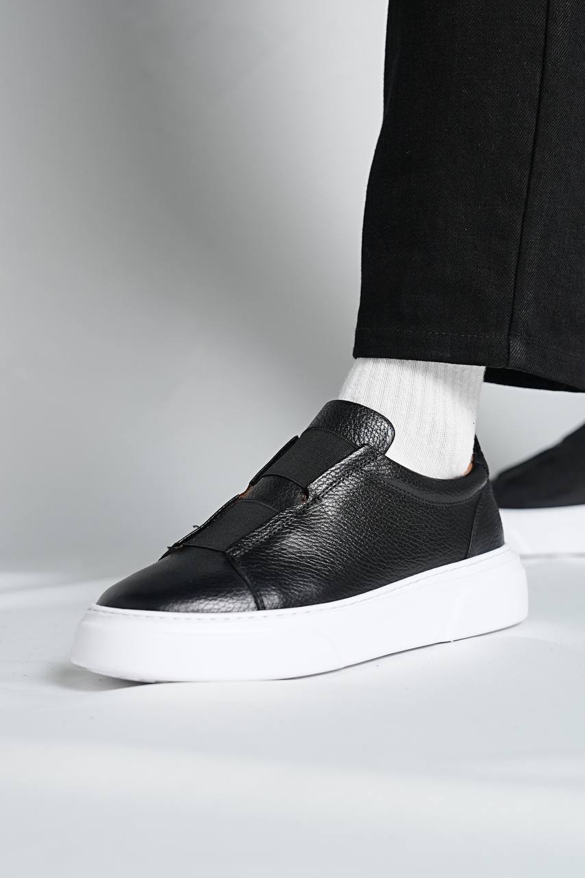 Black Grainy Leather Lace-Less Sneakers