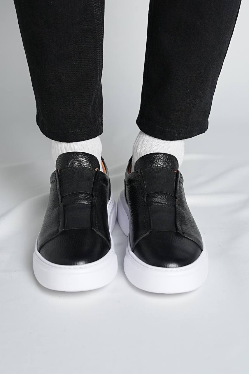 Black Grainy Leather Lace-Less Sneakers
