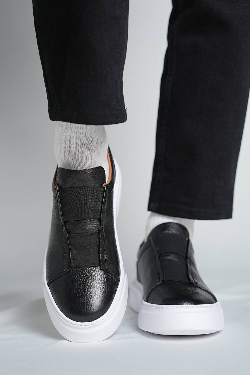 Black Grainy Leather Lace-Less Sneakers
