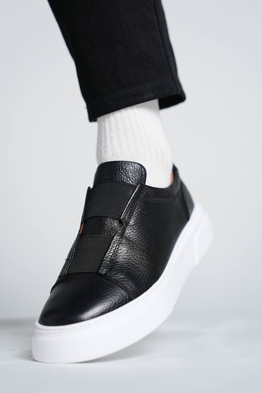 Black Grainy Leather Lace-Less Sneakers