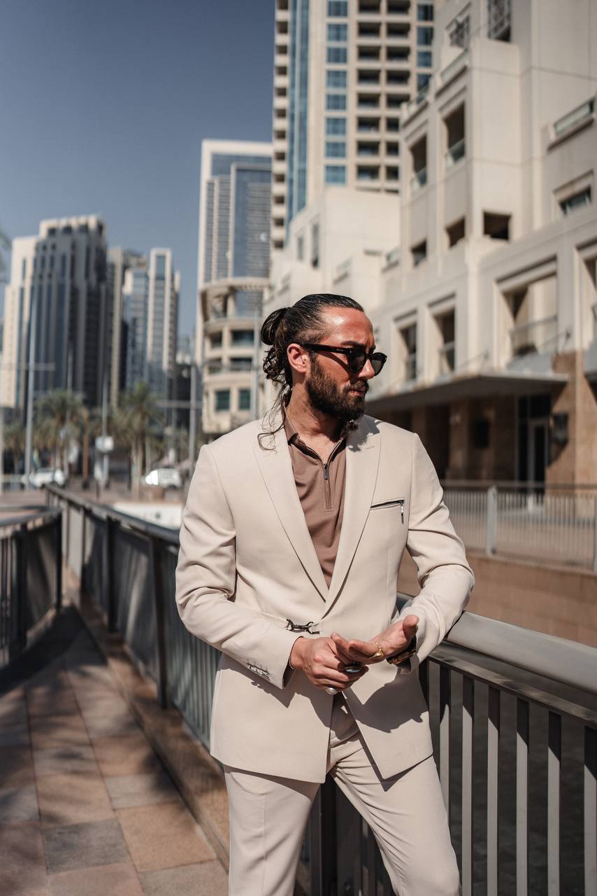 Men's Beige Zipper 2Piece Slim Fit Suit