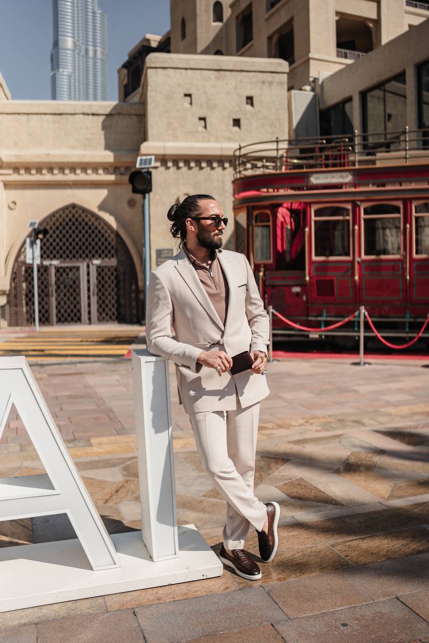 Men's Beige Zipper 2Piece Slim Fit Suit
