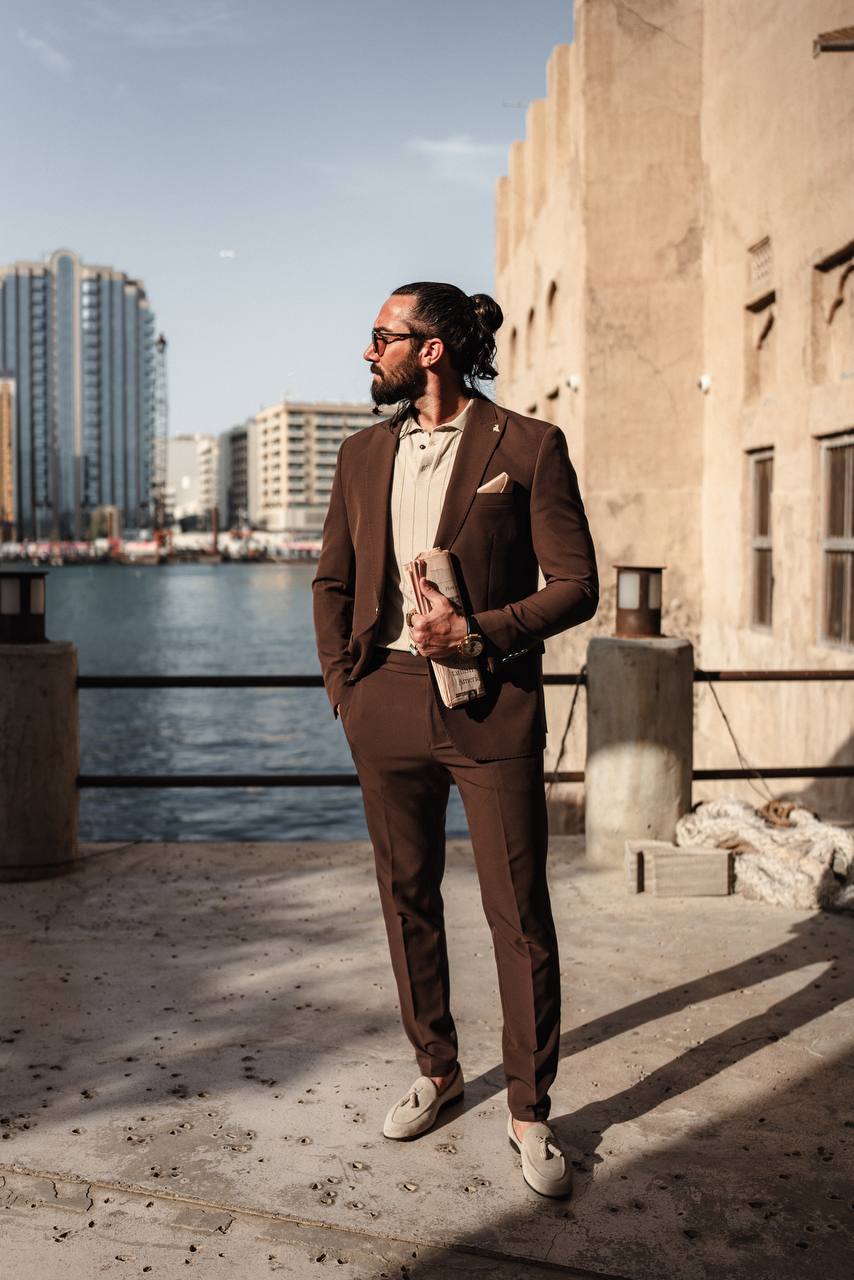 Men's Brown Mono Collar Slim Fit Suit