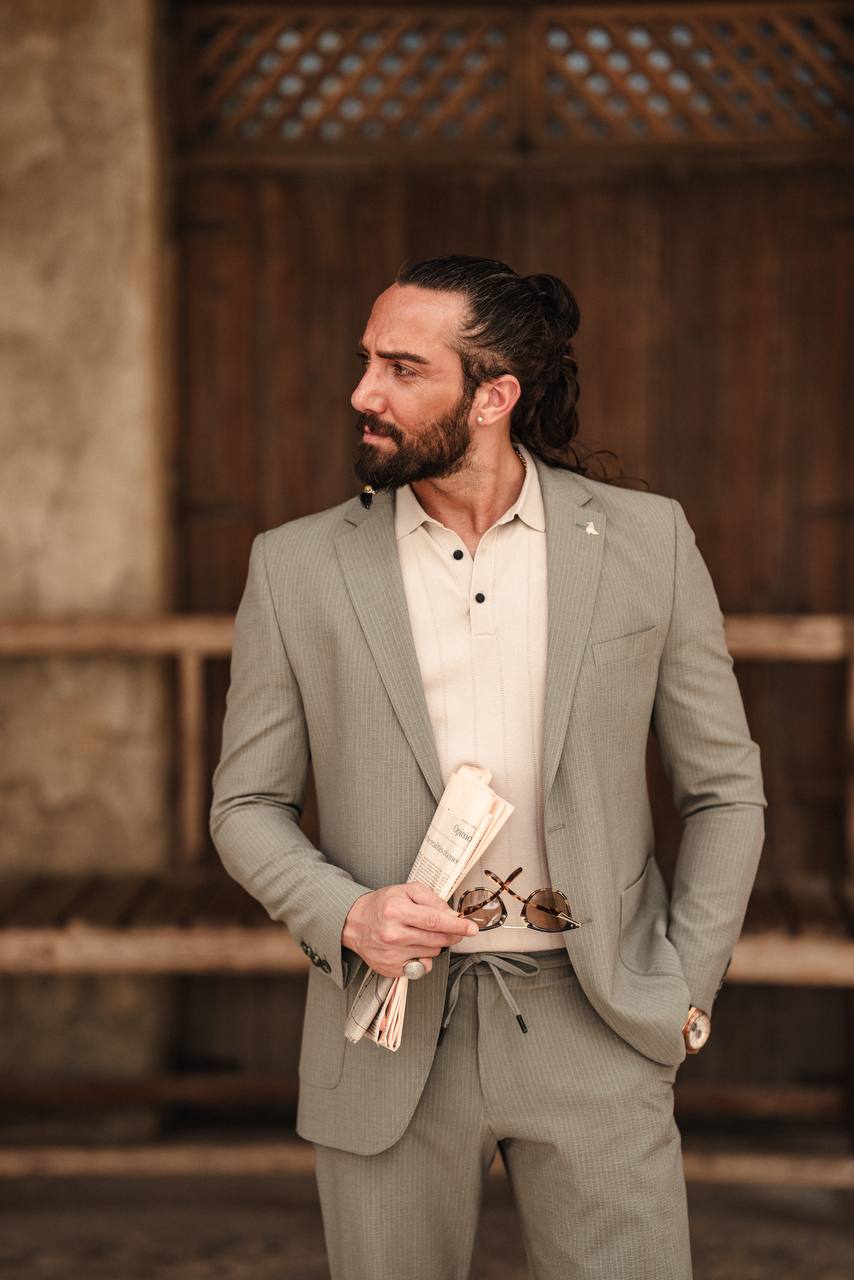 Khaki Mono Collar Bag Pocket Slim Fit Suits