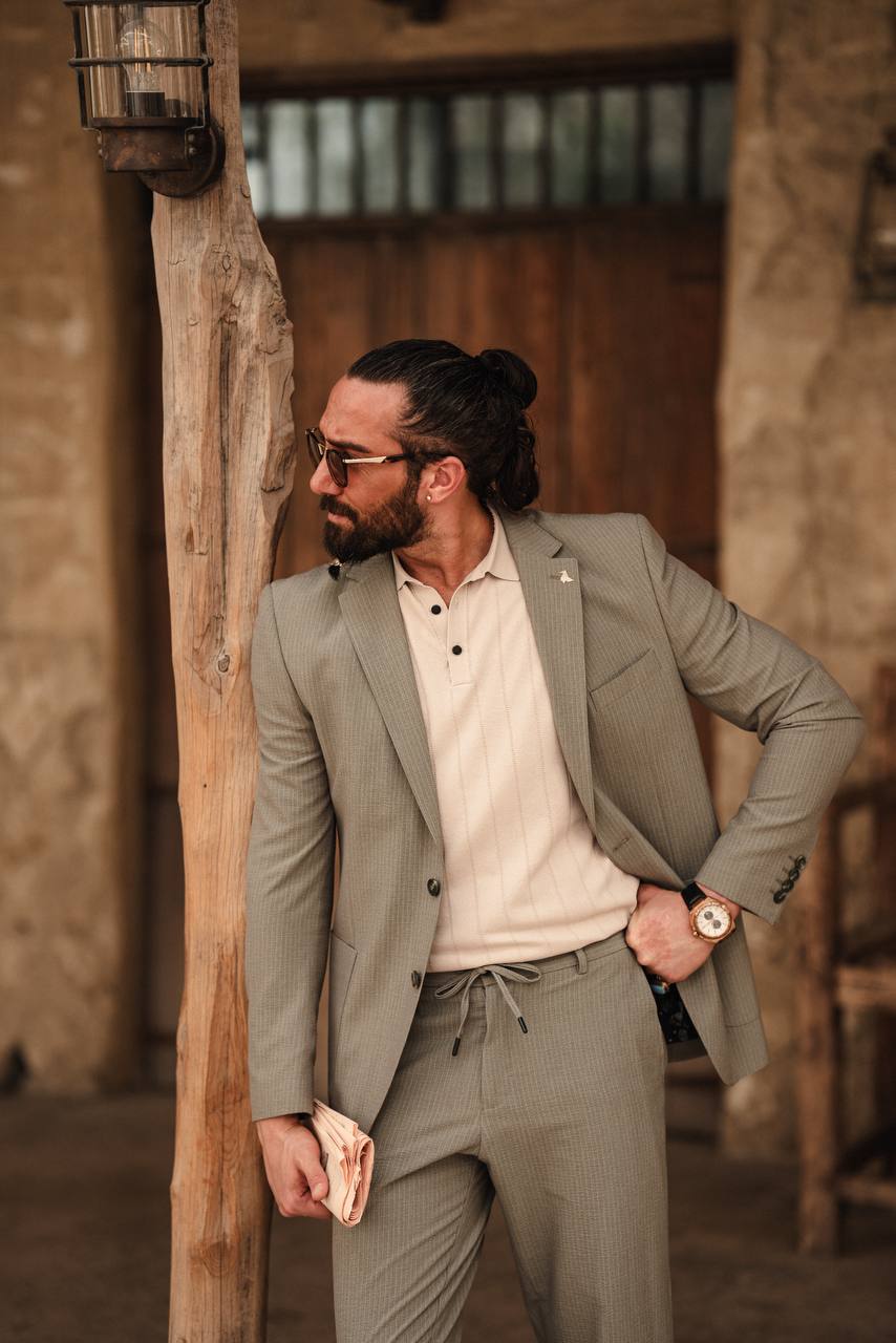 Khaki Mono Collar Bag Pocket Slim Fit Suits