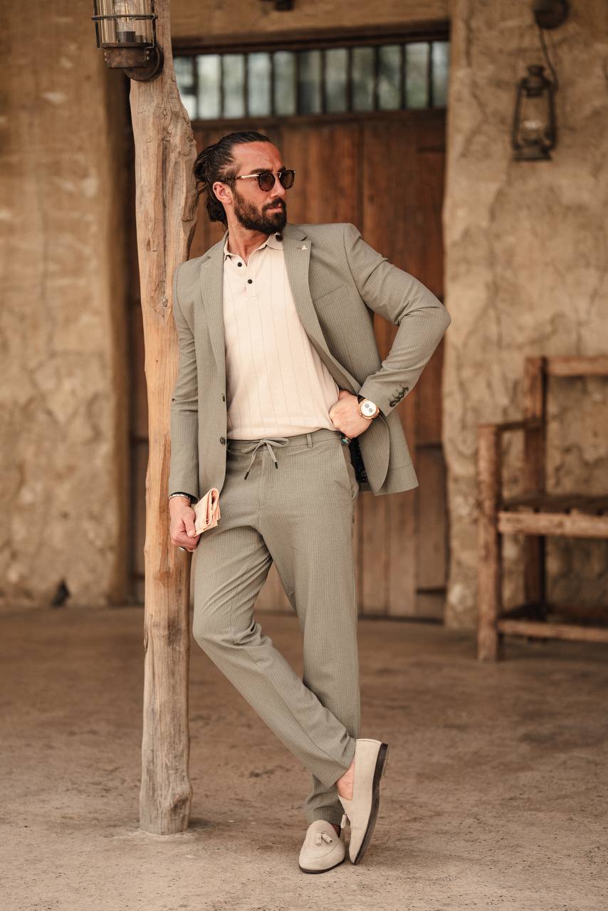 Khaki Mono Collar Bag Pocket Slim Fit Suits