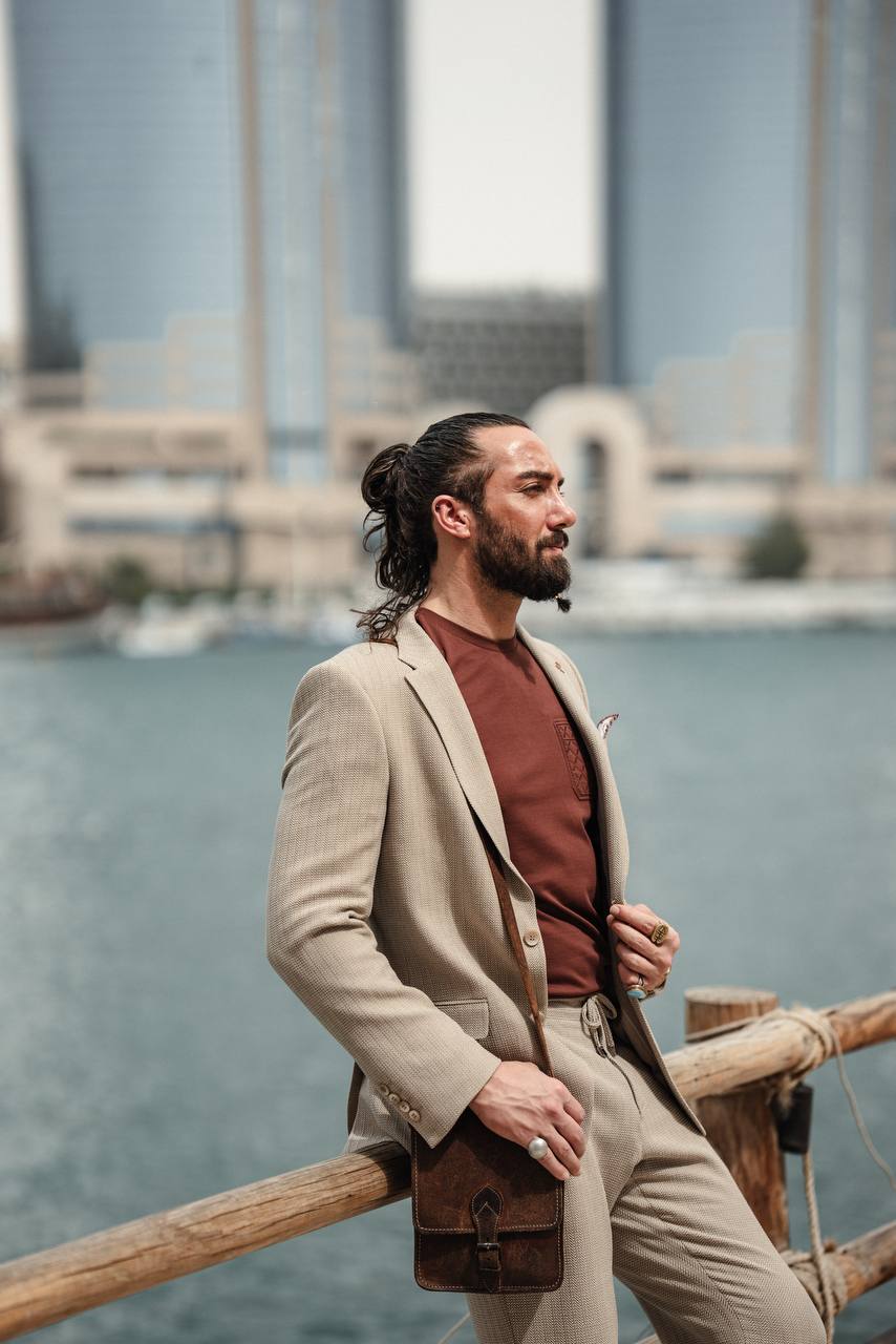 BEIGE SELF-PATTERNED MONO COLLAR SUIT