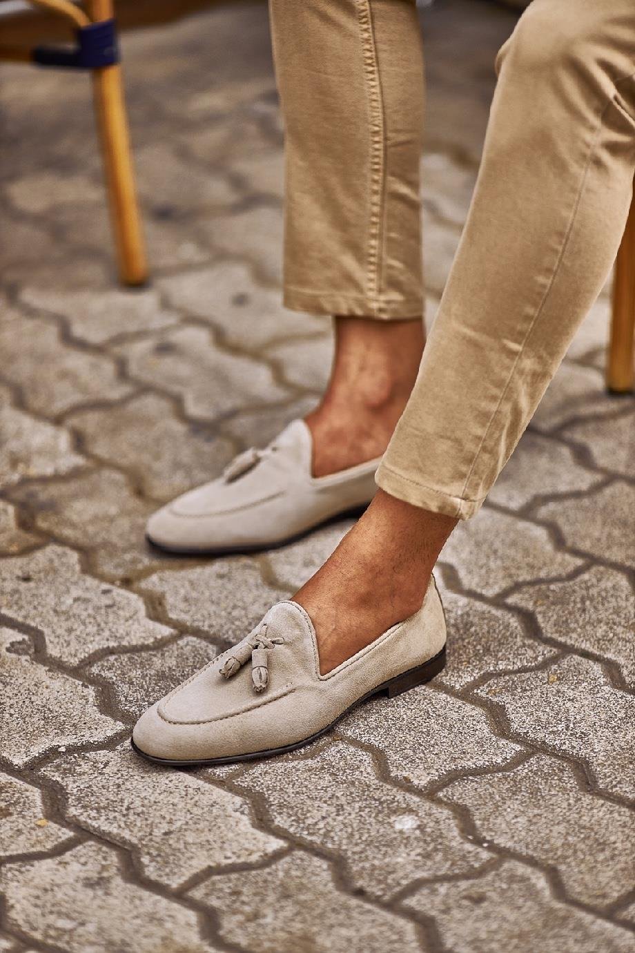 Beige Suede Tassel Loafers
